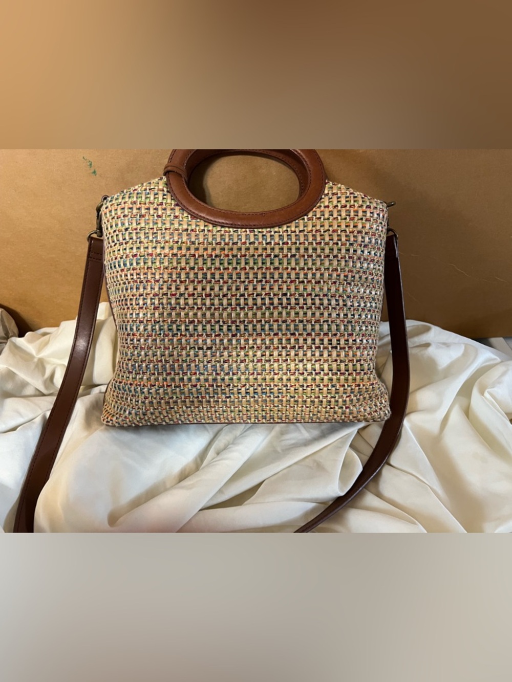 Fossil Woven Multicolor Straw bag with Brown Leather Trim
